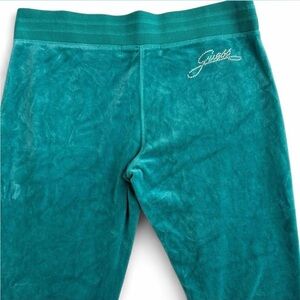 Y2K Guess Jeans Womens Size L Low Rise Flare Sweatpants Teal Velour Rhinestone